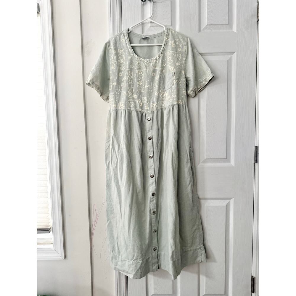 Cotton USA Light Blue Wash Graphic Print Loose Button Dress Vintage Lagenlook L